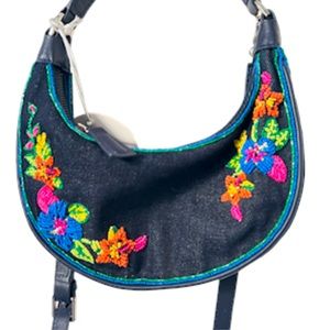 Staud Denim Floral Beaded Shoulder Bag RARE Leather Straps NWT